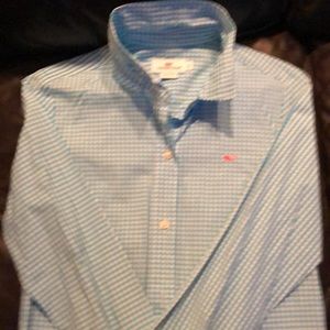 Ladies coral blue and white button down